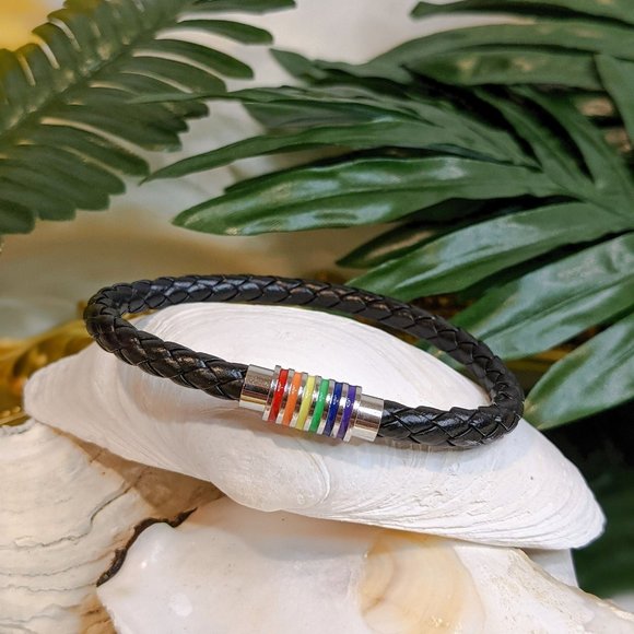🍑Gay Pride Rainbow LGBTQ Braided Black Leather Magnetic Closure Bracelet - Picture 2 of 9